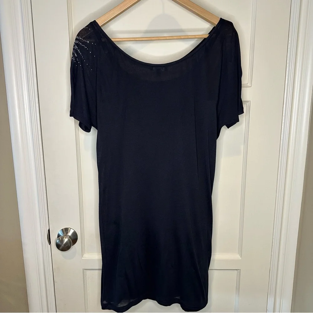 Express Mini Dress with Rhinestone Shoulder Detail, Black - Size Small